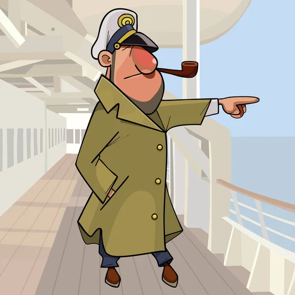 Cartoon ship captain points a finger at sea standing on deck — 스톡 벡터