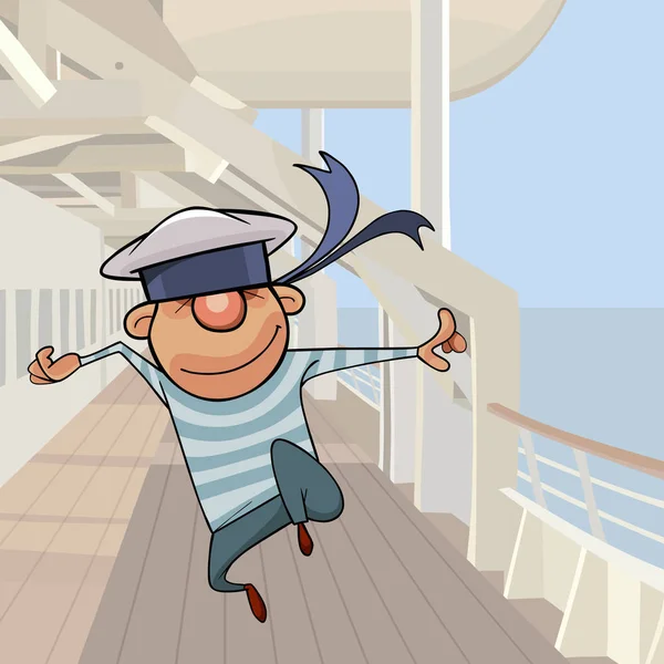 Мультяшный матрос весело прыгать на палубе корабля — стоковый вектор