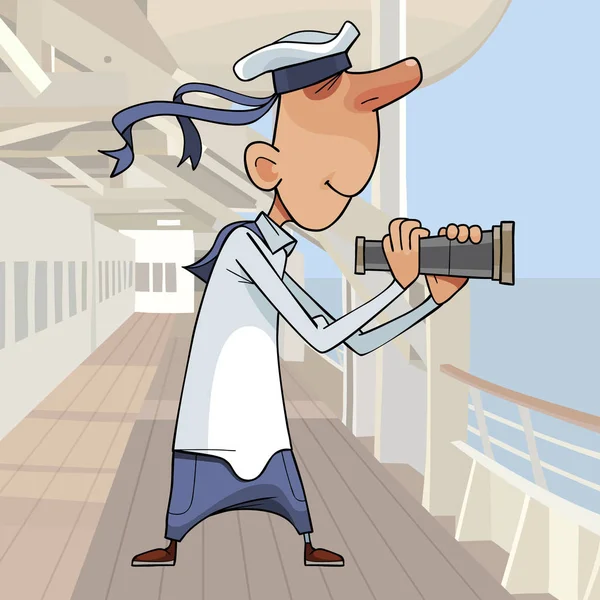 Cartoon sailor looking through spyglass on deck of ship — 스톡 벡터
