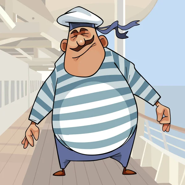 Cartoon fat sailor in striped vest on ship deck — 스톡 벡터