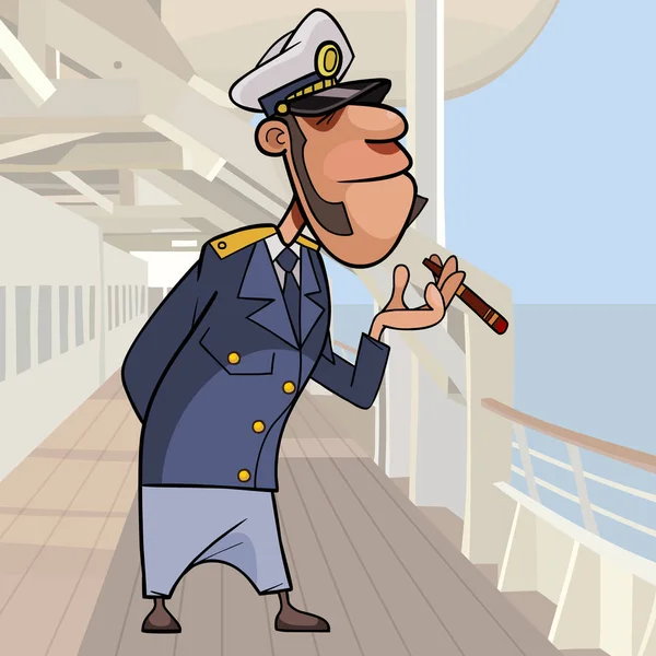 Cartoon ship captain stands with cigar on deck of ship — 스톡 벡터