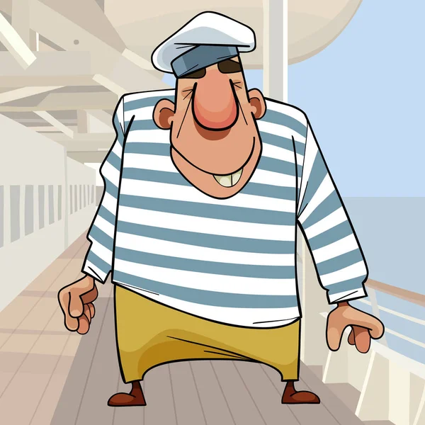 Cartoon smiling man big sailor in striped vest on deck of ship — 스톡 벡터