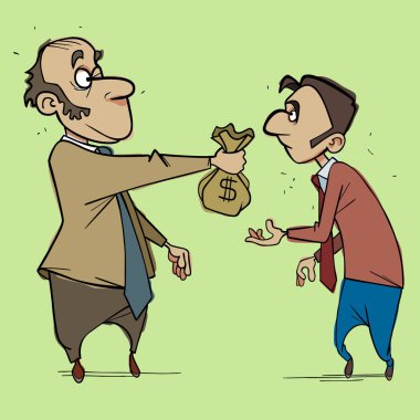 Çizgi filmdeki adam bir çanta dolusu parayı diğerine uzatıyor.