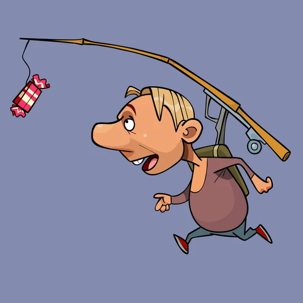 Hombre de dibujos animados corriendo por dulces colgando de una caña de pescar — Vector de stock