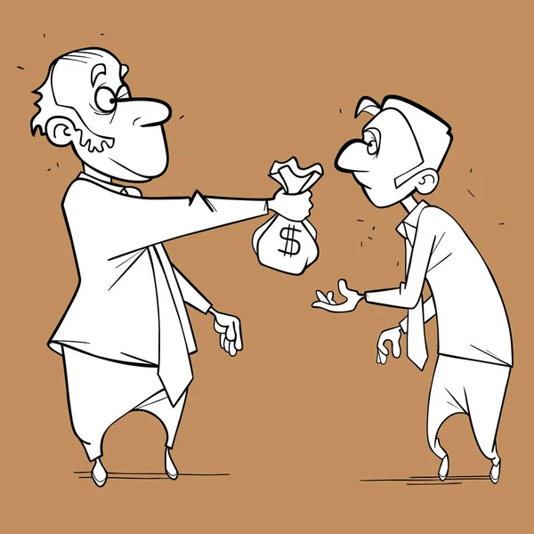 Bir karikatürdeki adamın bir çanta dolusu parayı diğerine uzatırken çizdiği resim. — Stok Vektör