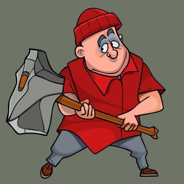 Modern giysiler içinde dev bir baltalı bir karikatür adamı.
