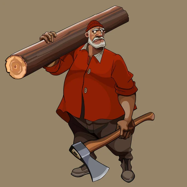 Desenho animado homem grisalho sério com um machado em sua mão carrega um log em seu ombro — Vetor de Stock