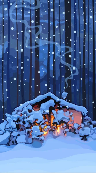 Cartoon snowy hut illuminated from the inside in a winter forest — 스톡 벡터