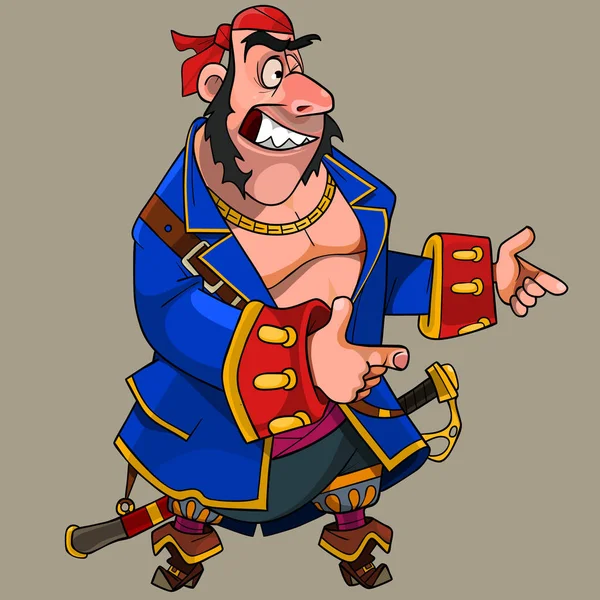 Personaje de dibujos animados alegre pirata guiña y muestra un gesto con dos manos — Vector de stock