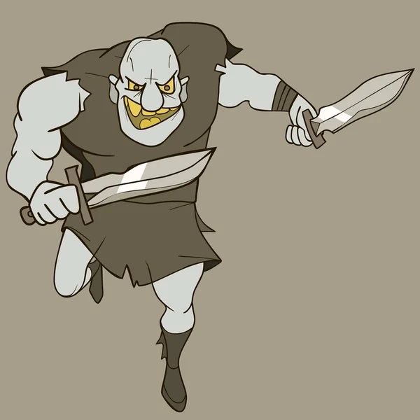 Asustadizo hombre de dibujos animados corriendo con dagas en ropa medieval — Vector de stock