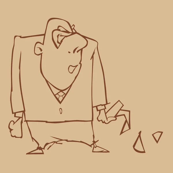 Boceto de un hombre de dibujos animados sorprendido en un traje y con papel roto en la mano — Vector de stock