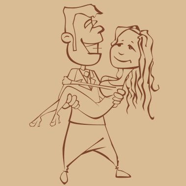 Çizgi film çizimi. Mutlu bir adam. Mutlu bir kadın taşıyor.