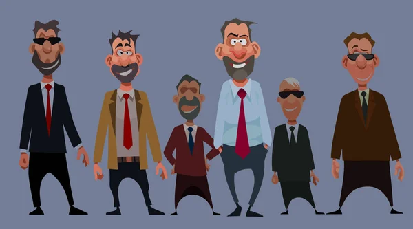 Team of cartoon funny smiling men in suits with a tie — 스톡 벡터