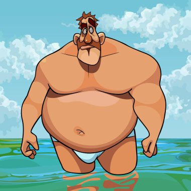 Yüzme şortlu, şaşkın, karikatürcü adam denizde duruyor.