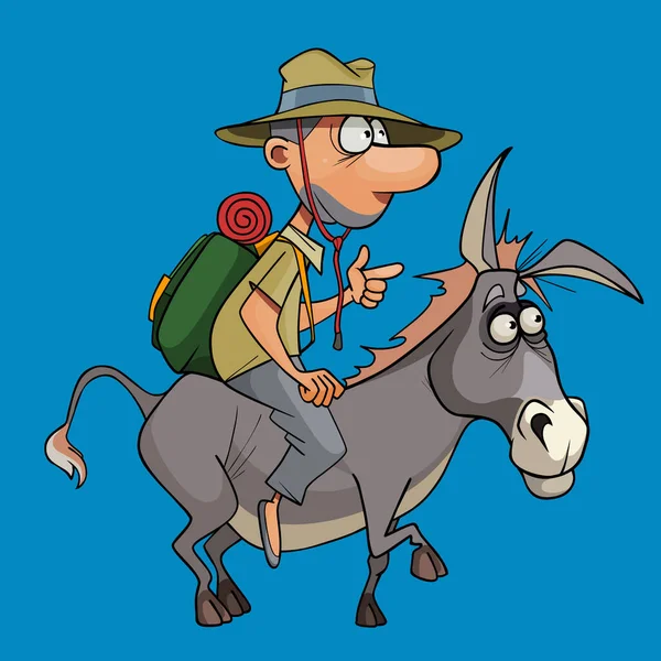 Turista homem dos desenhos animados com uma mochila e um chapéu montando um burro — Vetor de Stock