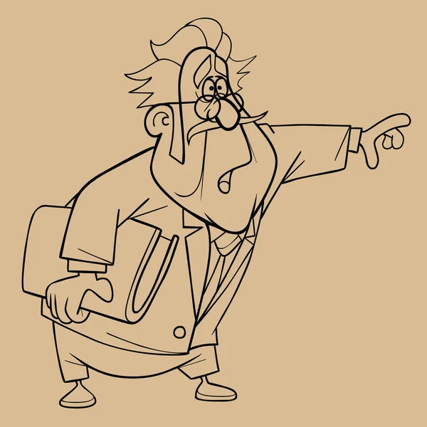 Sketch of a cartoon indignant man in a suit with a book in hand pointing hand to side — 스톡 벡터