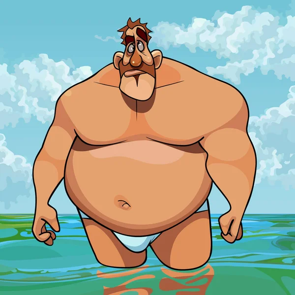 Lourd assommé dessin animé homme dans maillots de bain se tient dans la mer — Image vectorielle