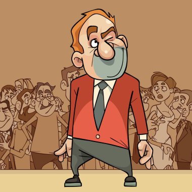 cartoon man in a suit considers in his mind standing in front of a crowd of people