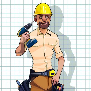 cartoon man in helmet and with a drill in his hand