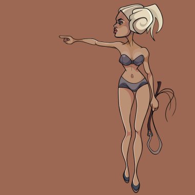 cartoon sexy woman with a whip in her hand points her finger to the side