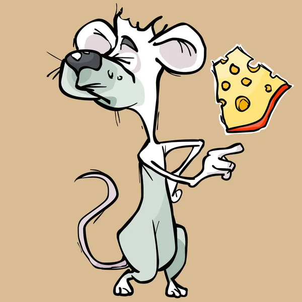 Cartoon white mouse closed her eyes and catches cheese on the fly — Stok Vektör