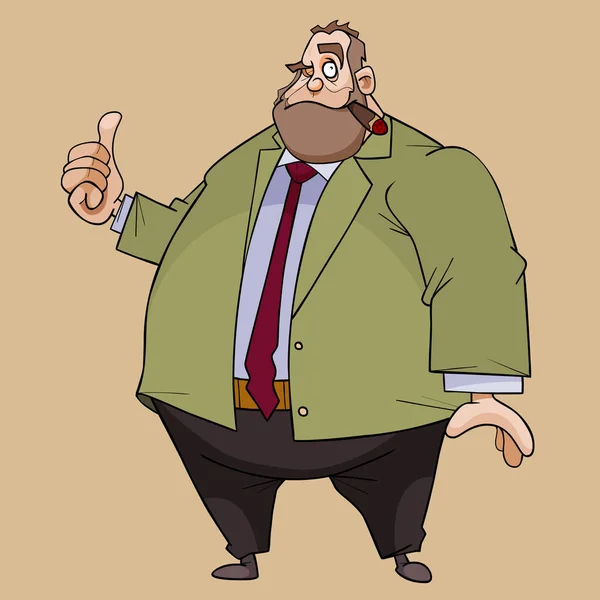 Kreslený tlustý muž v obleku a doutník v ústech ukazující palce nahoru — Stockový vektor