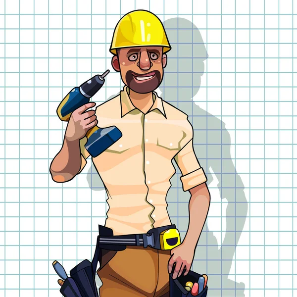 Cartoon man in helmet and with a drill in his hand — 图库矢量图片