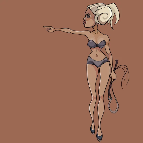 Cartoon sexy woman with a whip in her hand points her finger to the side — Stok Vektör