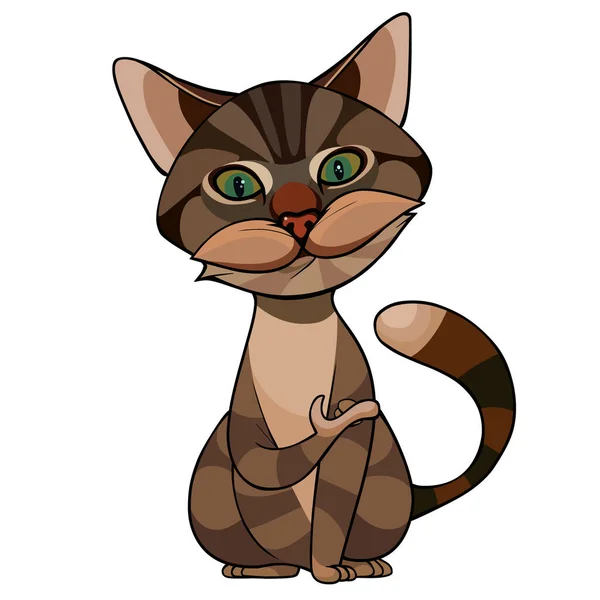 Karikatur lächelnd gestreifte Katze gestikuliert mit Pfote — Stockvektor