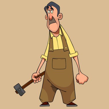 Çizgi filmci elinde çekiçle üst kata bakıyor.