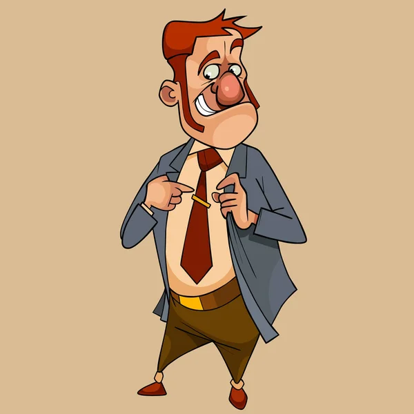 Hombre de pelo rojo de dibujos animados en un traje endereza su corbata — Archivo Imágenes Vectoriales