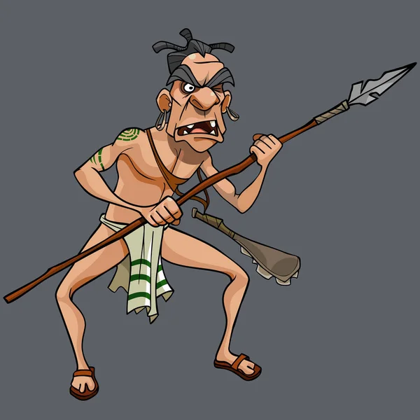Cartoon Formidabele Mannelijke Aboriginal Maori Stam Staat Met Speer Zijn — Stockvector