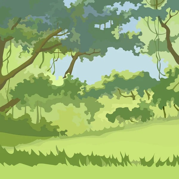 緑の落葉樹林に大きな木やクリーパーがいる漫画の背景 — ストックベクタ