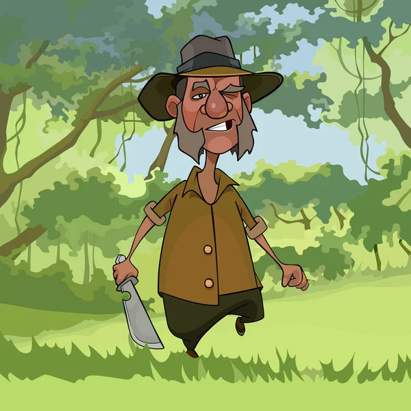Kreslený Nespokojený Muž Sekáčkem Rukou Kráčí Lesem — Stockový vektor