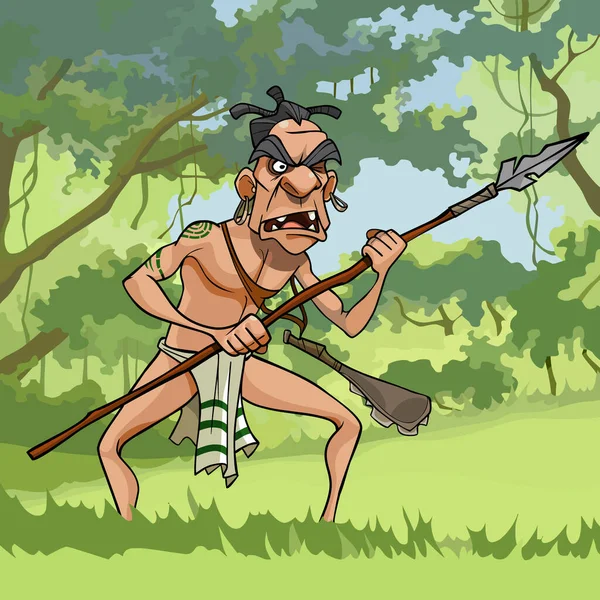 Hombre Amenazante Dibujos Animados Tribu Maorí Aborigen Encuentra Bosque Con — Vector de stock