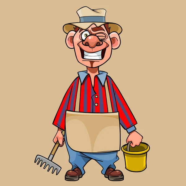 Caricatura Sonriente Jardinero Masculino Con Cubo Rastrillo Sus Manos — Vector de stock