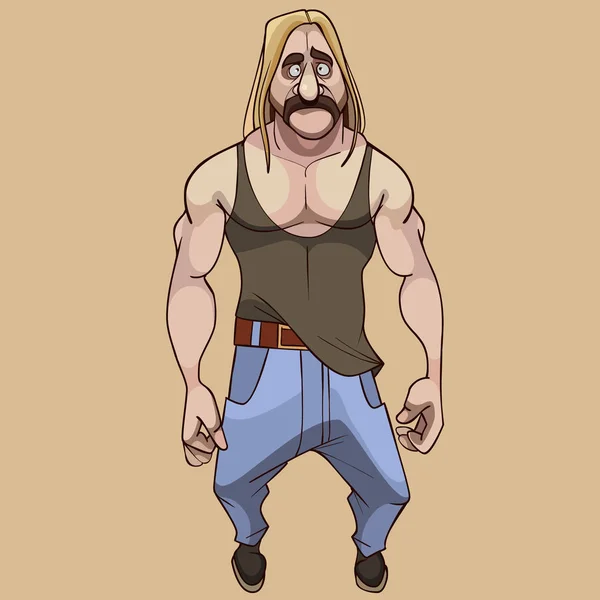 Drôle Dessin Animé Musclé Moustachu Cheveux Longs Triste Homme — Image vectorielle