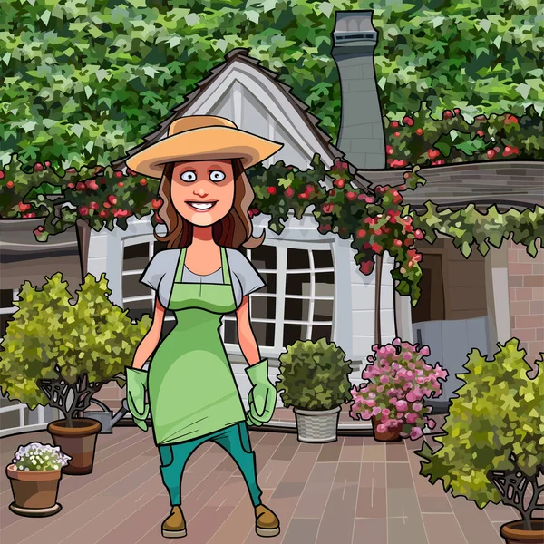 Dessin Animé Femme Joyeuse Jardinier Debout Dans Cour Maison Avec — Image vectorielle