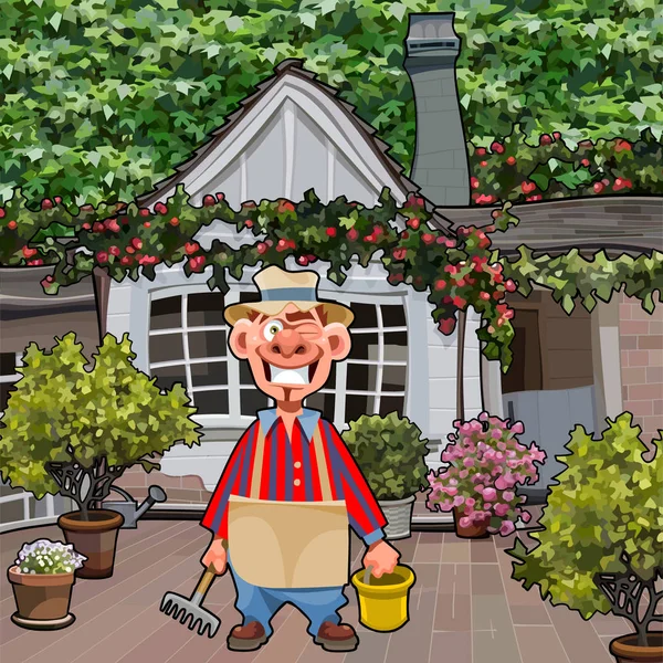 Çizgi Filmdeki Gülümseyen Erkek Bahçıvan Elinde Çiçeklerle Evin Bahçesinde Dikiliyordu — Stok Vektör