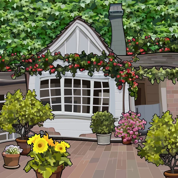 Cartoon one story white wooden house overgrown with greenery and flowers in the yard — Stock Illustration Cartoon One Story White Wooden House Overgrown Greenery Flowers Yard Stock Illustration