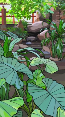Alocasia bitkisi arkaplanda taş ve bitkilerle birlikte peyzaj tasarımı yapıyor. Vektör resmi