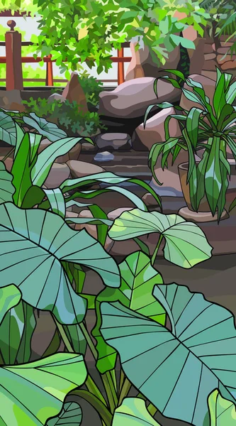 石や植物と景観デザインの背景にアロカシア植物 ベクトル画像 — ストックベクタ