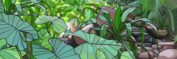 Bakgrund Med Gröna Växter Med Stenar Och Tropiska Växter Vektorbild — Stock vektor