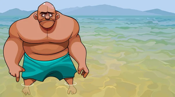 青い海の澄んだ水の中に立っている漫画フラストレーションの筋肉の大きなはげ男 — ストックベクタ