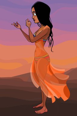 Mayo giymiş bir karikatür kadın ve pareo günbatımı arka planında duruyor.