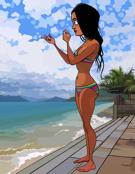 身着泳衣的卡通女郎站在海边的台阶上 — 图库矢量图片