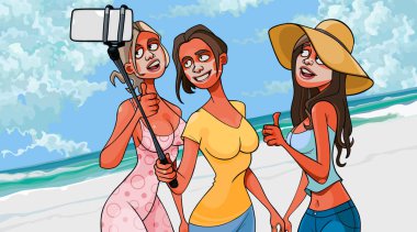 Yüzlerinde tıbbi maske izi olmayan çizgi film kızları sahilde selfie çubuğuyla kendi resimlerini çekiyorlar.