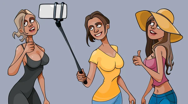 Desenhos Animados Engraçado Sorrindo Meninas Tirando Fotos Selfie Mesmos —  Vetores de Stock