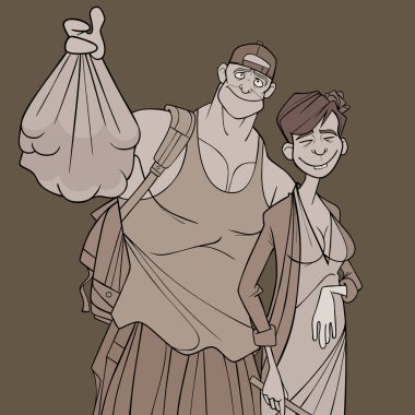 Çizgi filmdeki turist, gülümseyen Asyalı bir kadından yiyecek çantası aldı.