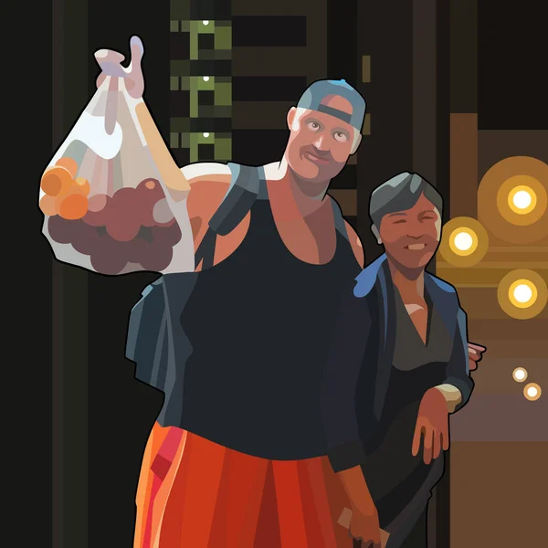 Caricatura Hombre Turista Comprado Bolsa Fruta Alegre Asiático Hombre — Vector de stock
